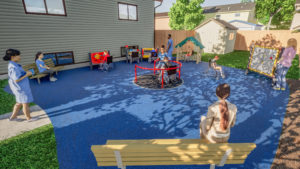 3d rendering of the future Cub House playground. Blue ground cover, various playground equipment and benches with children and staff playing. Some children are wheelchair users. 